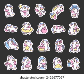 Cute kawaii happy unicorn. Sticker Bookmark. Cartoon funny fantasy horse characters. Hand drawn style. Vector drawing. Collection of design elements.