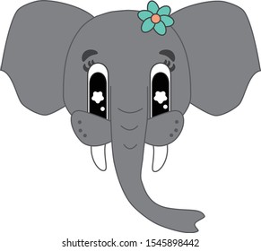 Cute kawaii  head of a elephant vector illustration. Big eyes and little flower. Cartoon african or Indian animal cub for nursery poster, postcard or toy logo. 