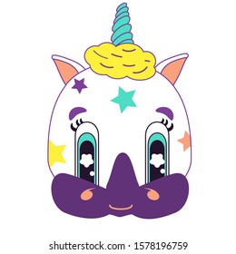 Cute kawaii head of a unicorn vector illustration. Big eyes and stars, lashes and horn. Cartoon animal cub for nursery poster, postcard or toy logo. Smiling face.