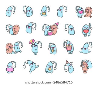 Cute kawaii hearing aid. Funny cartoon character. Hand drawn style. Vector drawing. Collection of design elements.