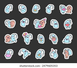 Cute kawaii hearing aid. Sticker Bookmark. Funny cartoon character. Hand drawn style. Vector drawing. Collection of design elements.