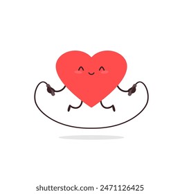 Cute kawaii heart character jumping rope icon. Clipart image isolated on white background