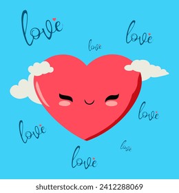 Cute kawaii heart with clouds and text Love. Vector illustration.