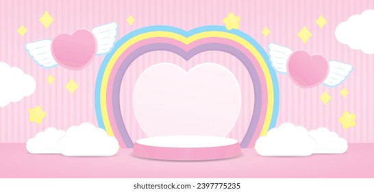 cute kawaii heart shape rainbow arch backdrop with pink podium display and flying heart on sweet pastel pink floor and wall background with cloud and star 3d illustration vector for putting object