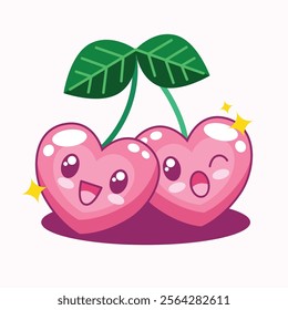 Cute kawaii heart shaped cherries cartoon illustration