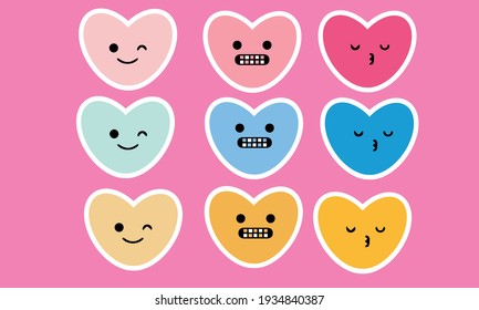 Cute kawaii hearts with various emotions. Colored vector sticker set. Isolated on pink background