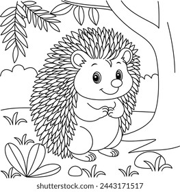 Cute kawaii hedgehog cartoon character in the forest background coloring page vector illustration