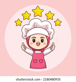 Cute And Kawaii Hijab Female Chef Or Baker With Thumbs Up And Five Stars Cartoon Manga Chibi Vector Character Design