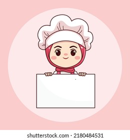 Cute and kawaii hijab female chef or baker with white board cartoon manga chibi vector character design