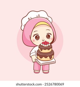 Lindo chef kawaii hijab chica sosteniendo el logotipo de la mascota de la torta dulce