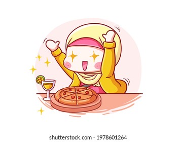 Cute and kawaii Hijab Girl Excited To Eat Food manga chibi Illustration