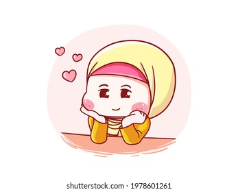 Cute and kawaii Hijab Girl Fall in Love Manga Chibi Illustration