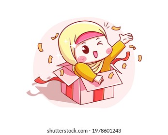 Cute and kawaii Hijab Girl Give Surprise from Present Box Chibi Illustration