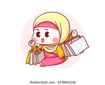 Cute And Kawaii Hijab Girl Holding Shopping Bag Manga Chibi Illustration