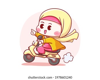 Cute and kawaii Hijab Girl With Straw Hat Riding Scooter for delivery manga chibi Illustration