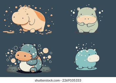 Cute kawaii hippo character set of 4