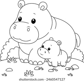 Cute kawaii hippopotamus and baby cartoon character coloring page vector illustration. Wild animal, mothers day colouring page for kids