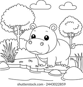 Niedliche kawaii Hippopotamus Cartoon Figur im Wald Hintergrund Färbung Seite Vektor-Illustration