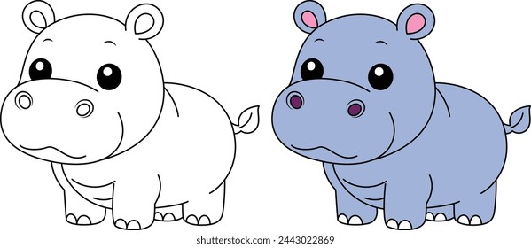 Cute kawaii Hippopotamus cartoon character coloring page isolated on white background vector illustration