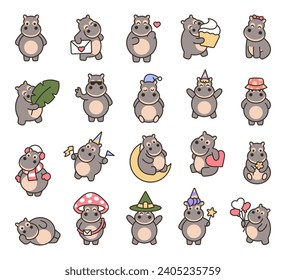 Cute kawaii hippos. Charming hippopotamus characters in different poses. Cartoon funny animal. Hand drawn style. Vector drawing. Collection of design elements.