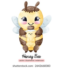 Cute kawaii honey bee in watercolor style vector illustration