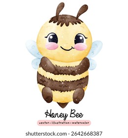 Cute kawaii honey bee in watercolor style vector illustration