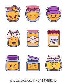 Cute kawaii honey jar. Glass pot character. Hand drawn style. Vector drawing. Collection of design elements.