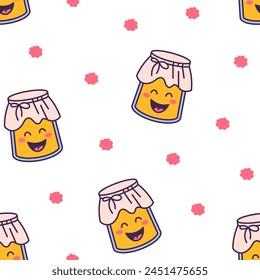 Cute kawaii honey jar. Seamless pattern. Glass pot character. Hand drawn style. Vector drawing. Design ornaments.