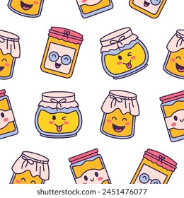 Cute kawaii honey jar. Seamless pattern. Glass pot character. Hand drawn style. Vector drawing. Design ornaments.