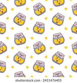 Cute kawaii honey jar. Seamless pattern. Glass pot character. Hand drawn style. Vector drawing. Design ornaments.