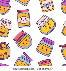 Cute kawaii honey jar. Seamless pattern. Glass pot character. Hand drawn style. Vector drawing. Design ornaments.