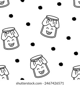 Cute kawaii honey jar. Seamless pattern. Coloring Page. Glass pot character. Hand drawn style. Vector drawing. Design ornaments.
