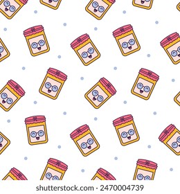 Cute kawaii honey jar. Seamless pattern. Glass pot character. Hand drawn style. Vector drawing. Design ornaments.
