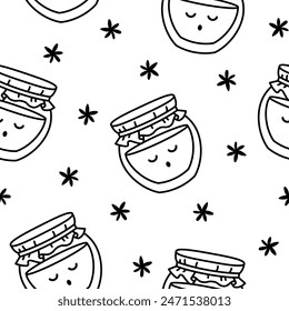 Cute kawaii honey jar. Seamless pattern. Coloring Page. Glass pot character. Hand drawn style. Vector drawing. Design ornaments.