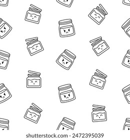 Cute kawaii honey jar. Seamless pattern. Coloring Page. Glass pot character. Hand drawn style. Vector drawing. Design ornaments.
