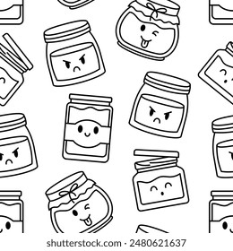 Cute kawaii honey jar. Seamless pattern. Coloring Page. Glass pot character. Hand drawn style. Vector drawing. Design ornaments.