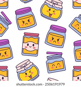 Cute kawaii honey jar. Seamless pattern. Glass pot character. Hand drawn style. Vector drawing. Design ornaments.