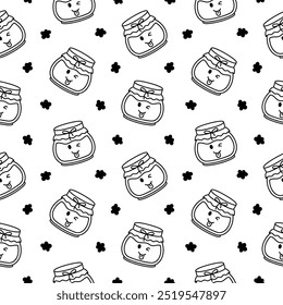 Cute kawaii honey jar. Seamless pattern. Coloring Page. Glass pot character. Hand drawn style. Vector drawing. Design ornaments.