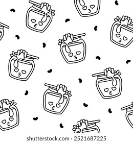 Cute kawaii honey jar. Seamless pattern. Coloring Page. Glass pot character. Hand drawn style. Vector drawing. Design ornaments.