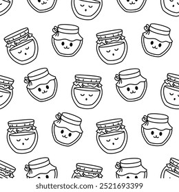 Cute kawaii honey jar. Seamless pattern. Coloring Page. Glass pot character. Hand drawn style. Vector drawing. Design ornaments.