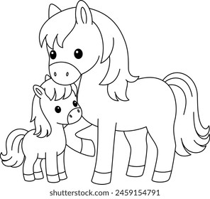 Cute kawaii horse and baby cartoon character coloring page vector illustration. Farm animal, mothers day colouring page for kids