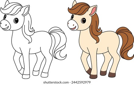 Cute kawaii horse cartoon character coloring page isolated on white background vector illustration