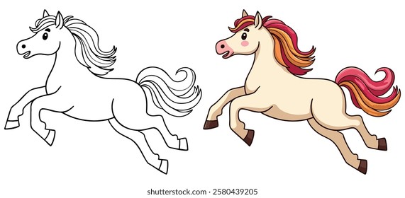 Cute Kawaii Horse or Pony line art with fill-colored sample Printable. Isolated on White Background Outline Vector Illustration. Bold and Easy Domestic Animal Coloring Page for Adults and Kids