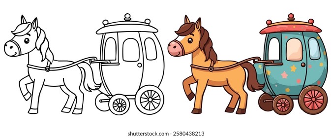 Cute Kawaii Horse or Pony Pulling a Carriage line art with fill-colored sample Printable. Isolated on White Background Outline Vector Illustration. Bold and Easy Domestic Animal Coloring Page