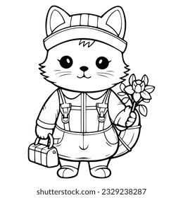 Cute Kawaii Horticulturist Cat Coloring Page 