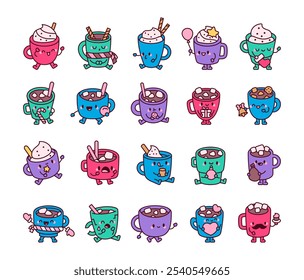 Cute kawaii hot chocolate cartoon characters for winter holiday drinks with marshmallows and happy faces illustration set