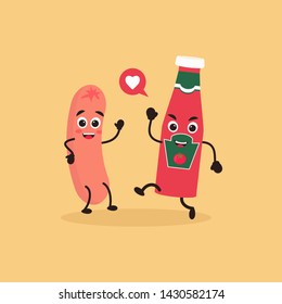 Cute kawaii Hot Dog and ketchup for icon or logo. Simple vector illustration  can be used for sticker, patch, phone case, poster, t-shirt, mug and other design