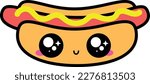Cute kawaii hot dog mustard big eyes smiling icon drawing character