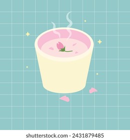 Cute kawaii hot drinks vector with flowers and grid background