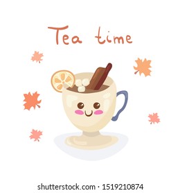 Cute Kawaii Hot Tea Cup with lemon, cinnamon & marshmallows Vector Illustration in flat cartoon style. Food character with funny smiling face icon design for warming autumn drink with lettering.